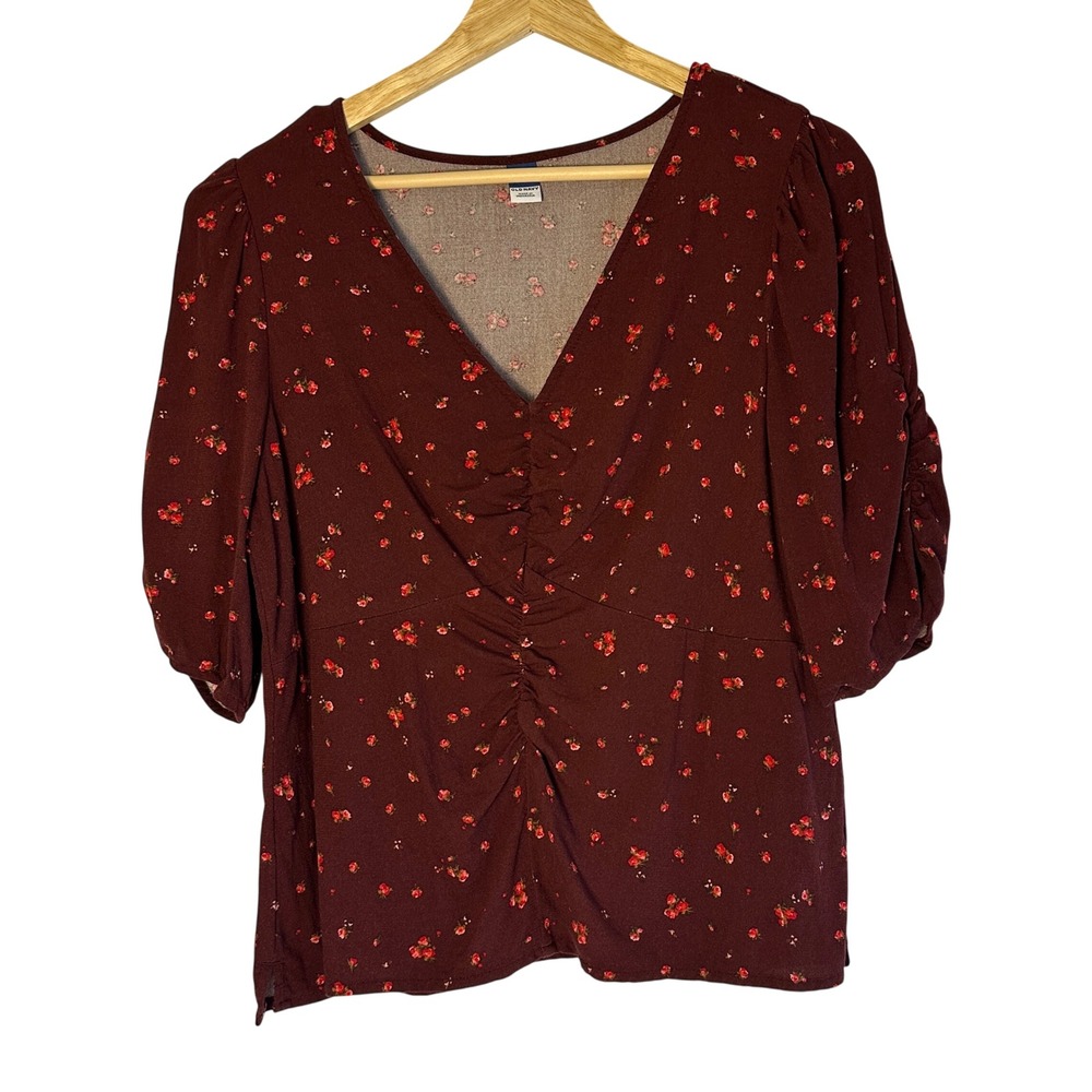 Old Navy Burgundy Floral V Neck‎ Ruched Sleeve Top Womens Medium